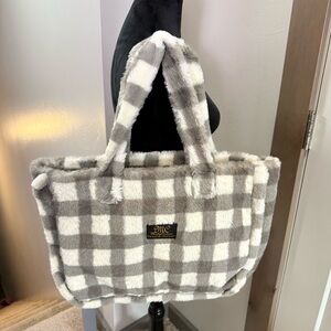 Minky Couture Large Fuzzy Tote Bag Purse Grey White Checker Plaid Lined